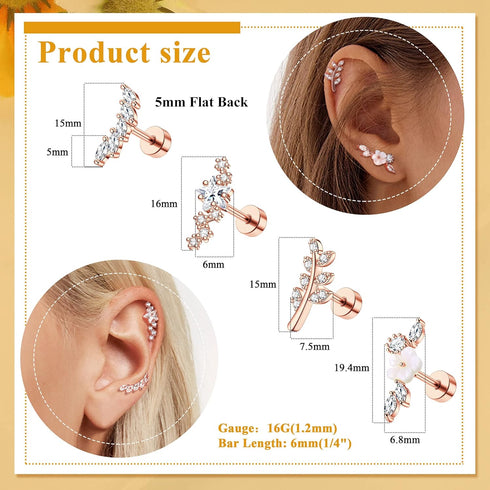8Pcs 16G Cartilage Earring Set Stainless Steel Flower Opal CZ Stud Earrings Flat Back Cartilage Conch Helix Piercing Jewelry for Women...