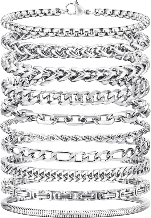 VNOX Silver Chain Bracelet for Men - 10 Pcs Solid Stainless Steel Rope/Figaro/Paperclip/Cuban Link/Snake Curb Chunky Chain Bracelet Set Wrist Band...