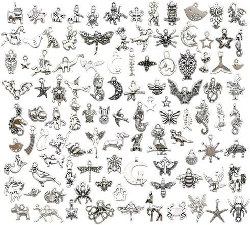 Youdiyla Animal Charms Collection, BULK 100 Mini Small Silver Charms Metal Pendant Craft Supplies Findings for Necklace and Bracelet Jewelry Makin...