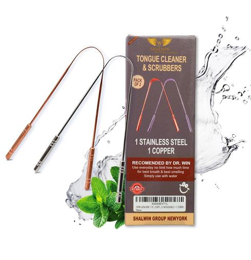 TONGUE CLEANER FOR ADULT .100% GENUINE 1 PC .COPPER + 1 PC STAINLESS STEEL TONGUE SCRAPER STOP BAD BREATHE.1 ACERO INOXIDABLE + 1 COBRE., brown...
