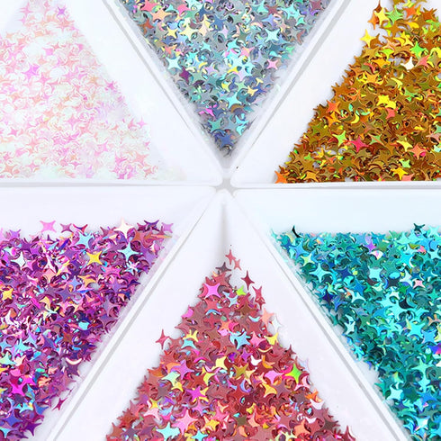 Four-Pointed Star Nail Art Glitter Sequins, 1Pack 3D Holographic Nail Art Glitter Flakes Laser Gold Thin Nail Art Sequins Star Acrylic Nails Suppl...