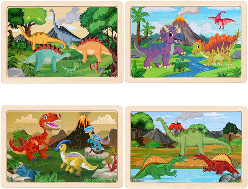 Wooden Puzzles Dinosaur Toys for Kids Ages 3-5, Set of 4 Packs with 20-Piece Wood Jigsaw Puzzles, Preschool Educational Brain Teaser Boards for Bo...