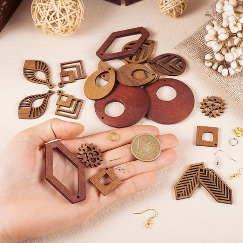 FASHEWELRY 20Pcs Wood Dangle Earrings Making Kit DIY Bohemian Earring Boho Charms Teardrop Rhombus Wooden Earring Blanks with Hooks & Jump Rings f...