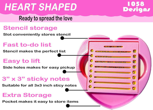 Heart Sticky Note Holder with Stencil PINK, Sticky Note Dispenser Compatible with Post-It Note, Post Note Organizer 3x3 Self Stick Note Pads Offic...