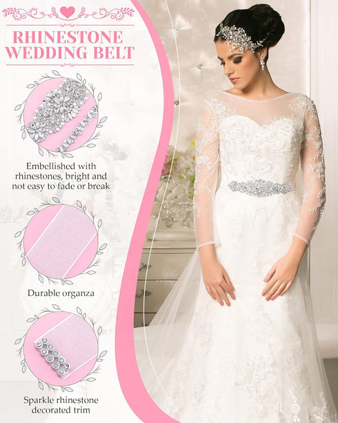 SATINIOR 2 Pieces Rhinestone Bridal Wedding Dress Sash Belt Crystal Diamond Ribbon Wedding Belts for Bridesmaid Wedding Dress (White)...