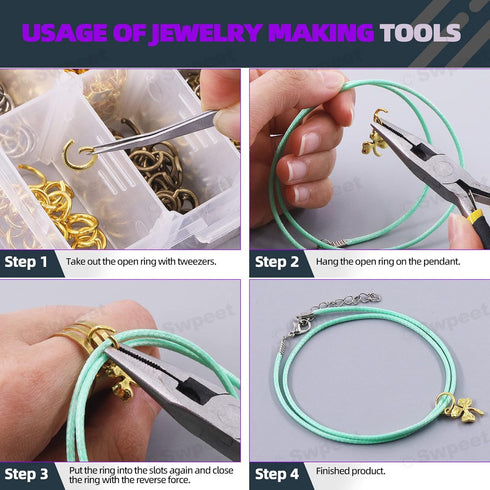 Swpeet 1414Pcs 4mm 5mm 6mm 8mm 10mm Open Jump Rings and Lobster Clasps with Jewelry Repair Tools Assortment Kit, Including Waxed Necklace Cords, 1...