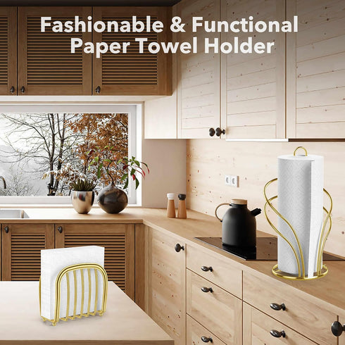 Paper Towel Holder Countertop, Stainless Steel Paper Towel Roll Holder and Paper Napkinholder Set, Standing Paper Towel Roll Holder Stand with Wei...