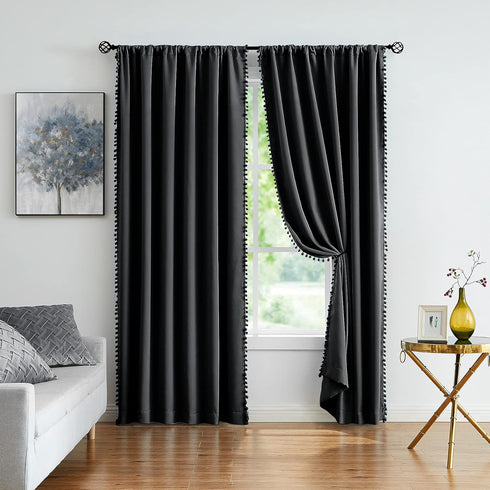 Treatmentex Pom Pom Blackout Curtains Black 45" Half Window Curtain Set for Small Window Basement Laundry Short Drapes 2Panels Rod Pocket...