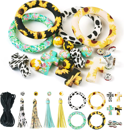 Magibeads 29Pcs Sunflower Cow Theme Silicone Keychain Making Kit Cross Silicone Focal Beads Kit with Rhinestone Spacer Tassel Pendants for Crafts ...
