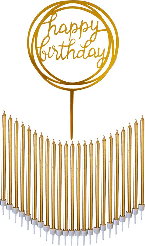 24 Count Tall Thin Metallic Gold Slow Burning Birthday Candles in Holders, and Matching Classy Cake Topper for Special Custom Birthday Cake Cupcak...