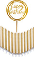 24 Count Tall Thin Metallic Gold Slow Burning Birthday Candles in Holders, and Matching Classy Cake Topper for Special Custom Birthday Cake Cupcak...