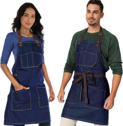 Under NY Sky Chef Apron – Professional Blue Denim – Cotton Straps - Smart Pockets - Adjustable for Men and Women – Pro Chef, Cook, Kitchen, Baker,...