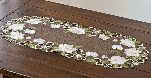 Beautiful White Magnolia Floral Design and Green Leaves Embroidered Cutwork Edges on Brown Polyester Linen Table Runner, Table Centerpiece, Dresse...