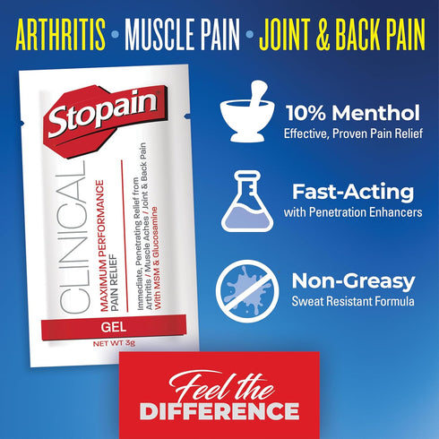 Stopain Pain Relief Clinical Gel Packets, 10 Pack, USA Made, Max Strength Fast Acting with MSM, Glucosamine, Menthol for Arthritis, Lower Back Sci...