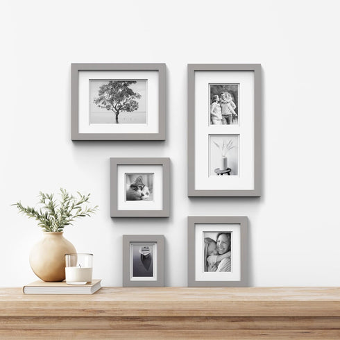 Gallery Solutions - 8"x8" Flat Grey Wall Frame - Double White Mat - Wall/Wall Mount Display - Perfect Fit for 5"x5" Photos - Versatile Mounting Op...