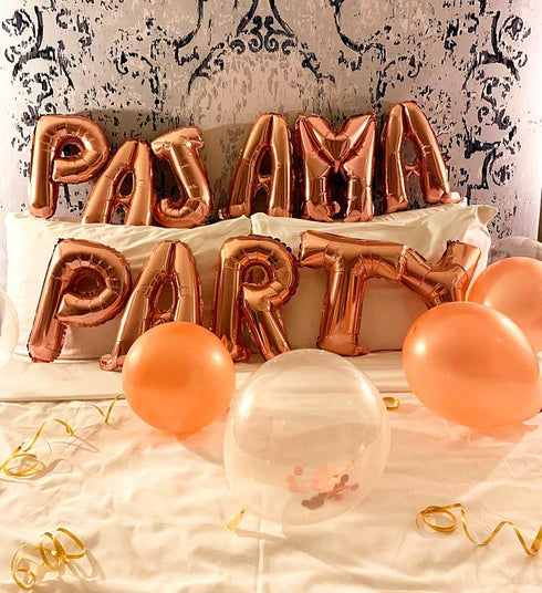LaVenty Set of 11 Rose Gold PAJAMA PARTY Balloons PAJAMA PARTY Banner Pajama Party Decor Slumber Party Spa Party Balloons...