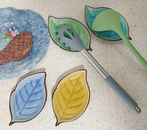 Ceramic Spoon Rest for Stove Top, Ice Cracks Leaf Cute Spoon Rest for Kitchen Counter, Cooking Spoon Holder for Kitchen Counter 1 PCS (Sapphire)...