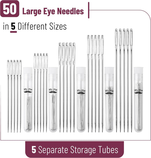 Mr. Pen- Large Eye Needles for Hand Sewing, 50 pcs, 5 Sizes, Silver, Embroidery Needles for Hand Sewing...
