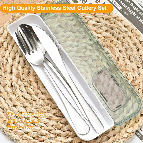 Travel Utensils with Case 4pcs Stainless Steel Knives Spoons and Forks Set Reusable Cutlery Set for Camping Picnic Hiking Office (Light green)...