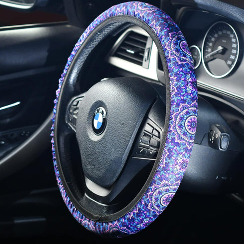 4 Pieces Mandala Purple Lotus Steering Wheel Cover Set with 2pcs Car Cup Coasters & Quarter Keyring, Cute and Fashionable Non-Slip Purple Steering...
