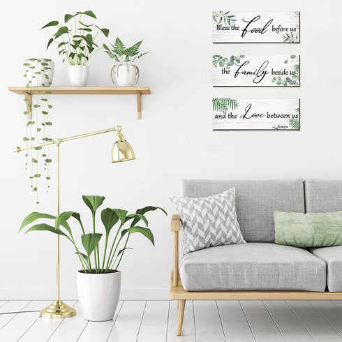 Maitys 3 Pieces Eucalyptus Greenery Wooden Wall Sign Bless Family Food Love Plaque Botanical Leaf Wall Art Green Leaves Rustic Porch Decor Farmhou...