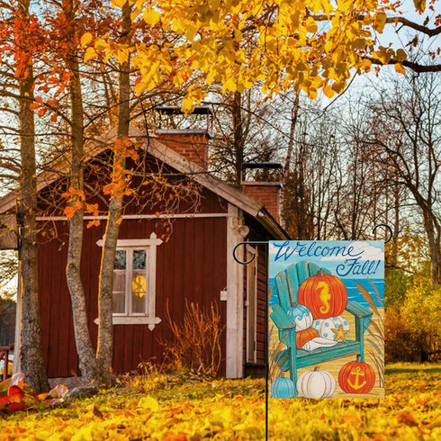 Welcome Fall Garden Flag Home Decorative Blue White Pumpkin House Yard Outside Beach Small Flag Autumn Nautical Seahorse Coastal Decoration Ocean ...