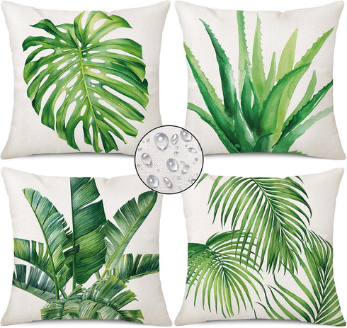 Outdoor Throw Pillow Covers 18x18 Set of 4 Waterproof Summer Tropical Leaves Pillow Covers Palm Monstera Leaf Decorative Cushion Case for Patio Fu...