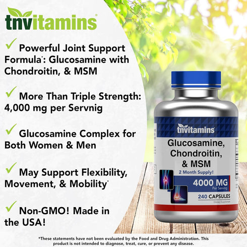 Glucosamine, Chondroitin, & MSM (4000 MG - 240 Capsules) for Men & Women | Joint Support Supplement Complex* | More Than Triple Strength! | Non-GM...