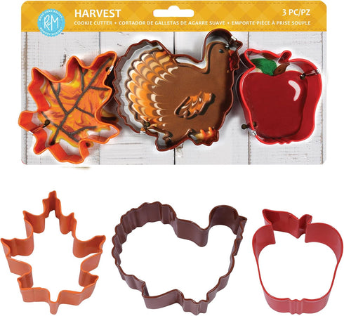 R&M Harvest Thanksgiving Cookie Cutter 3 Piece Gift Set. Includes Fall Leaf, Thanksgiving Turkey, Apple. Orange, Brown Red Polyresin Coated...