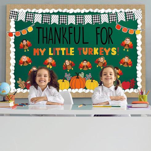 119Pcs Fall Thanksgiving Bulletin Board Decor Autumn Turkey Pumpkin Paper Cutouts with 200Pcs Glue Points Scalloped Bulletin Border Sticker for Ho...