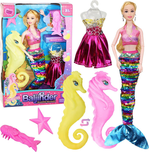 Mermaid Princess Doll with Little Mermaid and Seahorse Playset, Blonde Hair Mermaid Dolls Toys with Accessories, Best Birthday Gifts for Girls 3-7...