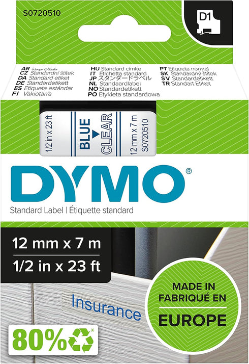 DYMO Standard D1 Labeling Tape for LabelManager Label Makers, Blue Print on Clear Tape, 1/2'' W x 23' L, 1 Cartridge (45011)...