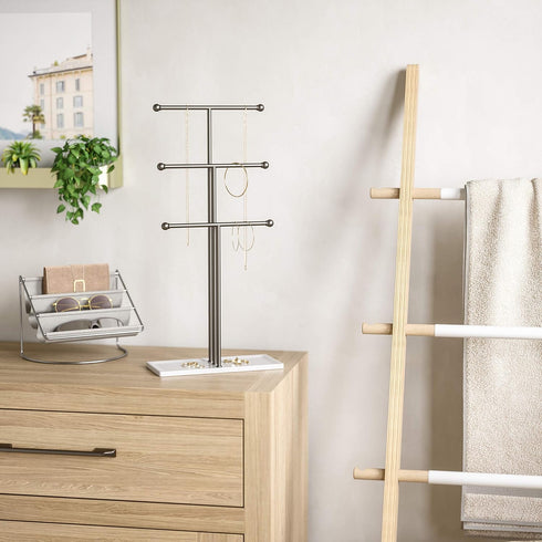 Umbra Trigem Hanging Jewelry Organizer Tiered Tabletop Free Standing Necklace Holder Display, White/Nickel...
