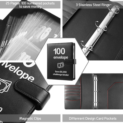 100 Envelopes Money Saving Challenge Binder with Laminated Tracker, Budget Binder with Cash Envelopes, Easy and Fun Way to Save $5,050 (Black)...