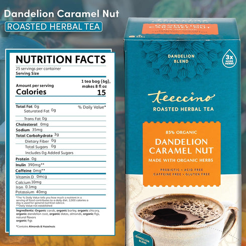 Teeccino Dandelion Caramel Nut Tea, 25 Tea Bags - Caffeine Free, Roasted Herbal Tea with Prebiotics, 3x More Herbs than Regular Tea Bags, Gluten F...