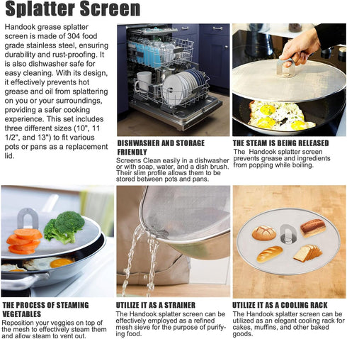 Splatter Screen for Cooking - Stainless Steel Grease Splatter Guard for Frying Pan, No Cooking Oil Mess No Burns, Ultra Fine Mesh Lids Set of 3(10...