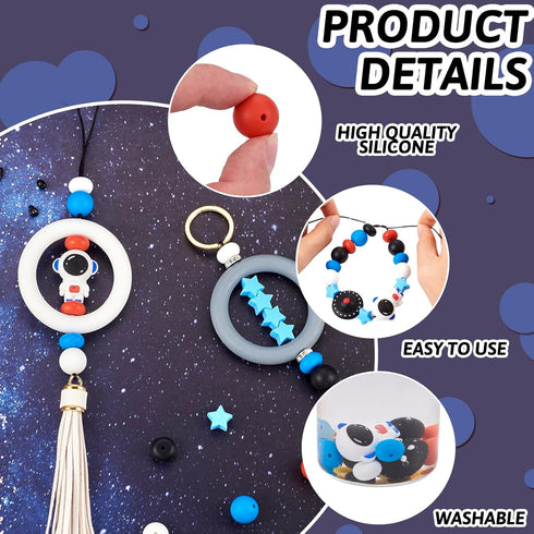 Magibeads 47Pcs Astronauts Airship Star Silicone Focal Beads 15mm Round Beads Big Silicone Rings Crystal Rhinestone Spacers Tassel Pendants Crafts...