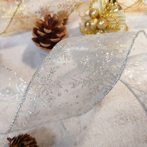 CT CRAFT LLC Organza with Silver Glitter Snowflakes Wired Ribbon 2.5 inch x 50 Yards for Christmas Home Decor Tree Topper Bow Gift Wrapping DIY Cr...