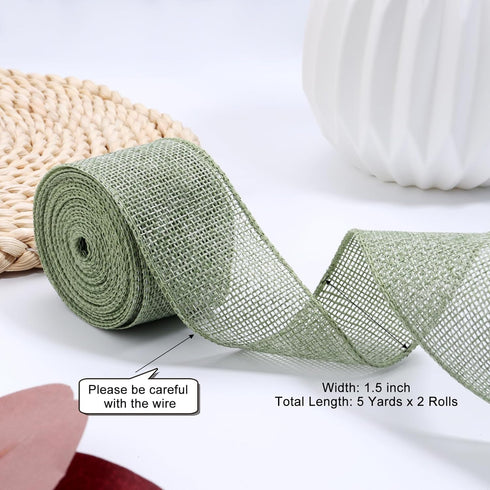 Burlap Wired Ribbon 1.5 inch wide 10 Yards Rustic Jute Ribbons for Crafts,Sage Green Burlap Ribbon for Wreath,Tree Decoration,Wedding Decoration F...