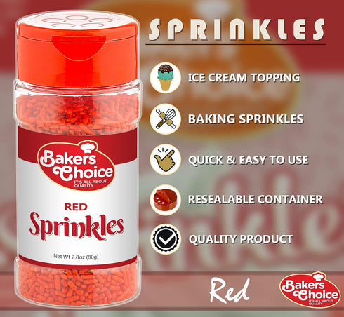 Bakers Choice Red Sprinkles for Baking - Jimmies Sprinkles for Ice Cream Toppings - Dairy Free, Kosher 2.8 oz....