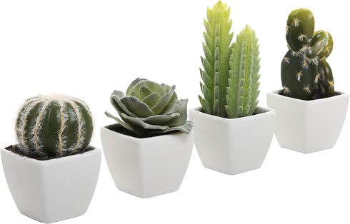 MyGift Set of 4 Assorted Miniature Artificial Succulent & Cactus Plants in White Cube-Shaped Pots...