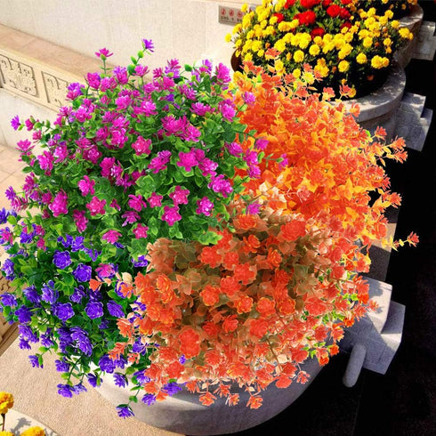 12 Bundles Outdoor Artificial Flowers UV Resistant Fake Boxwood Plants, Faux Greenery for Indoor Outside Hanging Plants Garden Porch Window Box Ho...