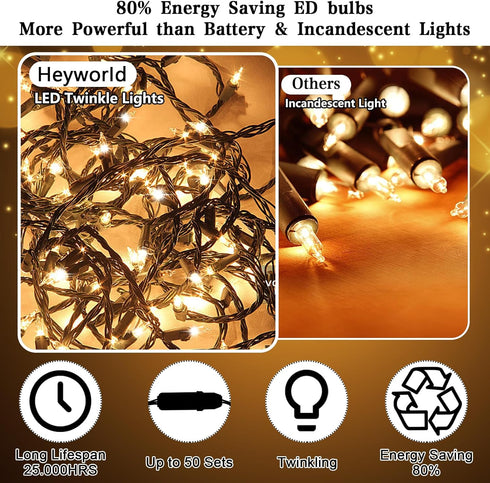 Slow Twinkle Lights, 50 Led Soft Twinkling Mini Christmas String Lights on Green Wire Cord, UL Approved 14.58 Ft, Connect Up to 50 Sets, Indoor Ou...