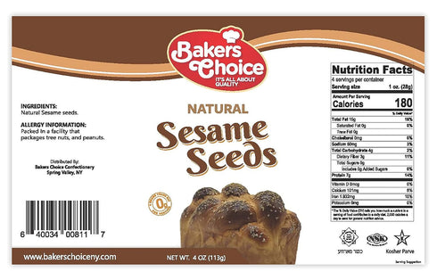 Baker's Choice Whole Natural Sesame Seeds - For Baking And Cooking - All Natural Food Seasoning - Resealable Container - Gluten Free, Kosher - 4 O...