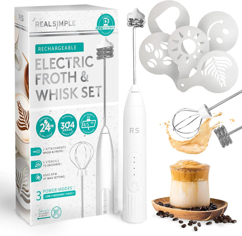 Real Simple Milk Frother and Whisk Set | USB Rechargeable Milk Frother with Stainless Steel Attachments and 5 Coffee Stencils | Perfect Handheld M...