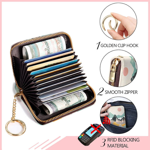 RFID Credit Card Holder Wallets for Women, Sunset Sunrise Mountain Small Card Case Wallet with Keychain and Zipper, Leather Card Holder Pocket Bus...