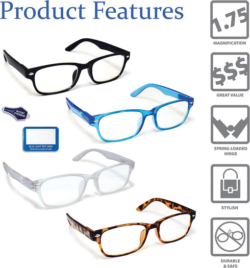 Boost Eyewear Blue Light Blocking Reading Glasses, 4 Pack, Assorted Colors...