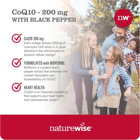 NatureWise CoQ10 200mg Softgels, High Absorption CoQ10 with BioPerine Black Pepper - Antioxidant for Heart Health + Cellular Energy - Vegan, Non-G...