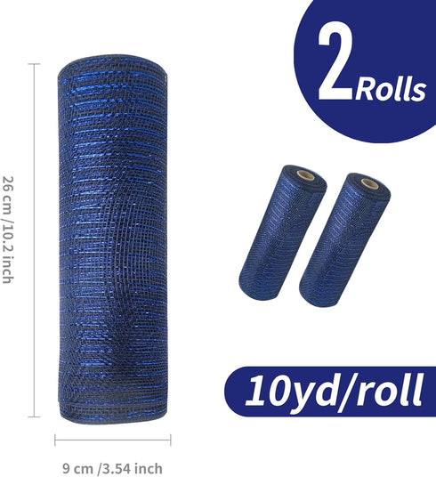 2 Rolls Navy Blue Deco Mesh Ribbon with Blue Foil Wire10 in x 30 ft,Metallic Poly Mesh Ribbon Rolls for DIY Wreath Supplies Ribbon for Christmas T...