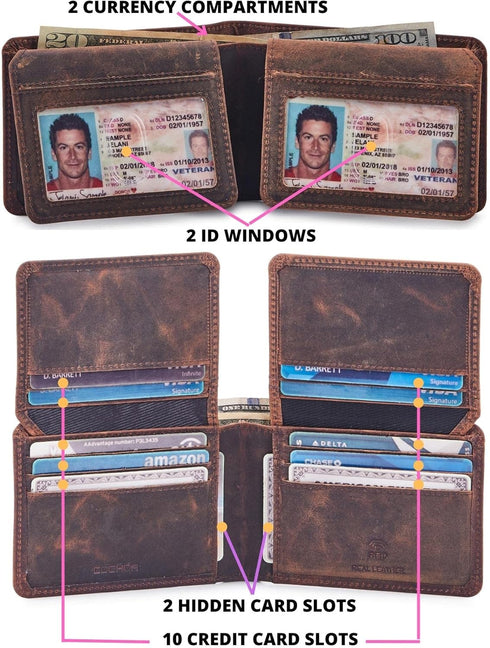 Mens Wallet Real Leather Bifold RFID Blocking High Capacity Card Case with 2 ID Window in Gift Box (Crazy Horse, Cognac)...
